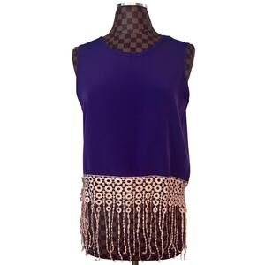 Snug Harbor Purple Tank Top Pink Lace Fringe Trim Large Mod Retro Hippie Boho